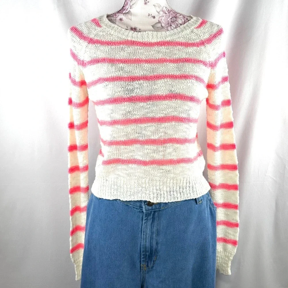 dELiA*s Pink White Cute Striped Knit Sweater Lightweight Pullover XS Valentine's